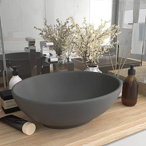 ADWOA Lavandino Lusso Ovale Grigio Scuro Opaco 40x33 cm in Ceramica,Ceramica,Finitura Bianco Lucido - Lavandino Design Moderno Bacinella Lavamani Lavello Sanitari Bagno