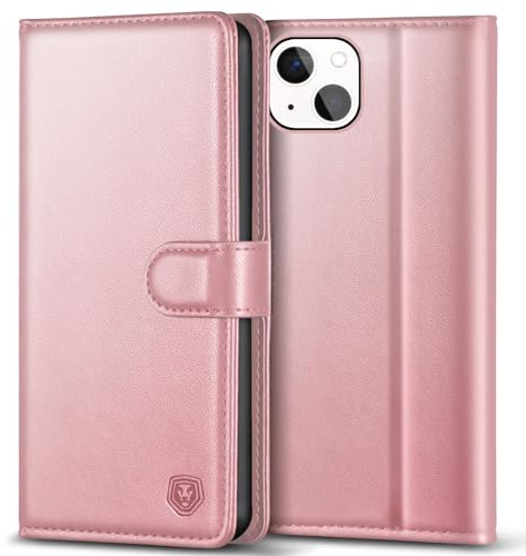 Kuafcase Custodia protettiva per iPhone 13 Mini, con 4 slot per schede, chiusura magnetica, cavalletto antiurto, custodia protettiva compatibile con iPhone 13 Mini, oro rosa