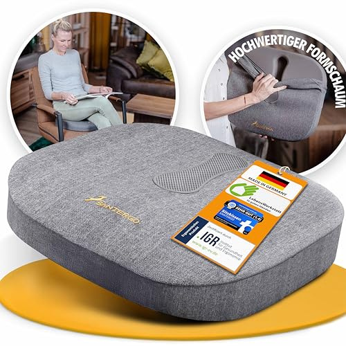 SANTERGO Orthopädisches Sitzkissen [PATENTIERT & FORMSTABIL] - Sitzkissen für Bürostuhl und Stuhl - Sitzkissen Stuhl, Sitzauflage Bürostuhl, Steißbeinkissen, Sitzpolster (Gray-Soft 45-65 kg)