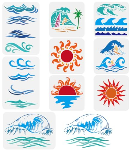 FINGERINSPIRE 9 Stück Meereswellen Malschablone Sonne Strand Sommer Surf Malschablone Kokosnussbaum Malschablone Sommerthema Schablonen Zum Malen Auf Wand Holz Stoff Möbeln