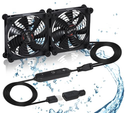 Dual 140mm Cooling Fan 10-Speed IPX5 USB 5V/DC 12V for Router & Xbox | Dual 140mm fan, 10-speed, USB 5V/DC 12V. IPX5 waterproof, 15dB quiet. Double ball bearing. Cools router, Xbox, cabinet.