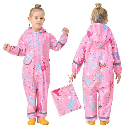 FILOWA Kids Puddle Suit Girls Waterproof Rainsuit Children Hooded Raincoat Lightweight Portable Breathable Rainwear Easy to Dry Muddy Suit for Childs 5-7 Years,Light Pink