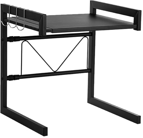 Gestell für Mikrowellenherd, Ausziehbarer Mikrowellenherd-Rack, Mikrowellen-Organisationshalter, horizontal verstellbarer Ofenständer, Toasterregal mit 3 Haken, schwarz, for Mikrowelle(Black)