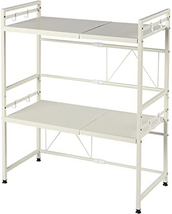 Queeucaer 3-Tier Extendable Microwave Oven Rack Shelf with 8 Hanging Hooks Microwave Stand with Storage for Kitchen Counter Organiser Printer Stand