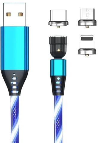 REFLEX POWER 1M 3-in-1 540° Rotate - Luminous Magnetic USB Charging Cable for iPhone/iPad, Micro USB, Type-C, 2.4A Fast Charge, Durable TPE, 360°/180° Rotating Magnetic Design - Blue Glow