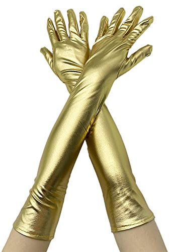 Anevous 1 Paar Lange Lackleder Handschuhe Damen,Elegante Abendhandschuhe Damen, Fingerhandschuhe 1920er Jahre, Opernhandschuhe für Hochzeit Braut Festival Halloween Cosplay Kostüm,Gold
