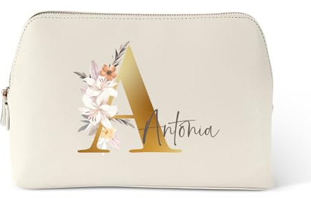 Love Faith personalisierte Kosmetiktasche - Oyster - 25x16x10,3 cm | Wähle Initiale & Namen für die Gravur - Hochwertiger PU-Kulturbeutel - Praktischer Reisebegleiter für Frauen