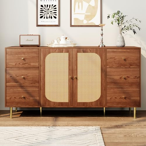 Merax Sideboard mit 2 Türen, 6 Schubladen, Kommode Anrichte Buffetschrank Beistellschrank Rattan-Holzschränke, für Esszimmer und Wohnzimmer, 160 x 40 x 90 cm/Nussbaum
