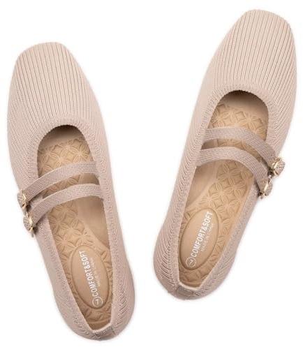 Frank Mully Damen Flats Square Toe Mary Jane Ballerinas mit Riemchen Bequeme Schlupfschuhe Strickschuhe Elegant Casual, Beige, 42 EU