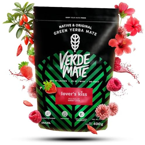 Verde Mate Green Lover's Kiss - yerba maté brésilienne aux fruits 400g | Mélange brésilien de yerba maté verte aux notes fruitées de fraise, framboise, goji, hibiscus et bleuet