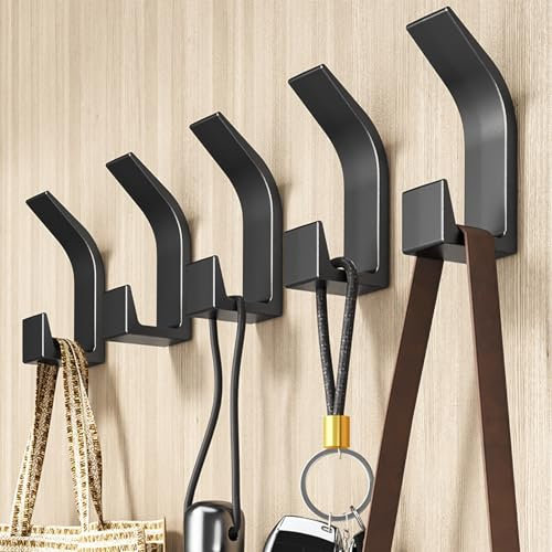 Rixotix 5 Pack Black Coat Hooks, Wall Mounted Plastic Dual Hooks Clothes Hanger, Durable Double P-Rong Wall Hooks for Coats, Bags, and Towel - Easy to Install for Bathroom Bedroom