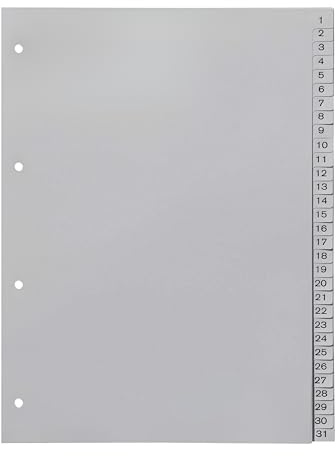 Ordnerregister 1-31, neutral, ohne Deckblatt, 31-teilig, DIN A4, PP, lichtgrau (10er Set)