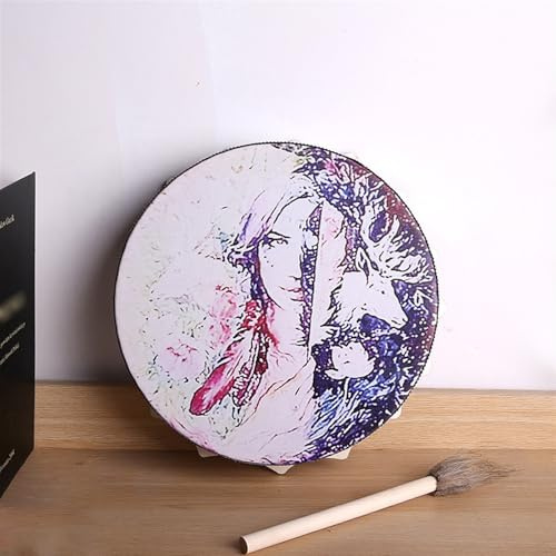 HAGJII Pequeño 9,84 Pulgadas Tambor Chamánico Piel De Oveja Mango De Ramas Percusión Tambor Siberiano con Baquetas para Curación Musical, Nativo Americano Tambor De Mano(Elf)
