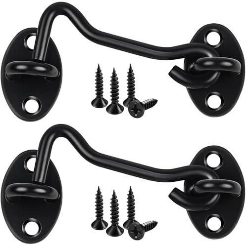 Jeboler Hook and Eye Latch 3 Inch, 2 Pcs Stainless Steel Black Cabin Hooks | 75 mm Eye Gate Latch Easy Lock Sliding Door Hooks with Screws for Garden Shed Patio Window Cabinet Closet Wooden Gates