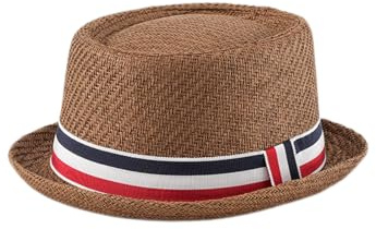HEYANN Pork Pie Strohhut, Herren Pork Pie Fedora Hüte 58 cm Sommerhut für Männer & Frauen,Bowler Flat Top Sonnenschutz Klassische Hut