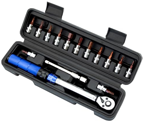 HOUSLUX Juego de llaves dinamométricas para bicicleta, tamaño pequeño, 16 piezas, 1/4 pulgadas, 2 hasta 24 Nm, juego con juego de llaves de vaso (azul)