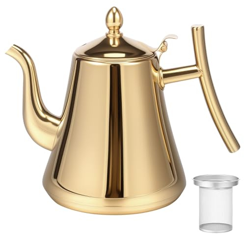 Harupink Teekanne Edelstahl,2L Teekanne mit Siebeinsatz und Deckel,Thermo Isoliert-Hält lange warm,Robust Langlebig Lebensmittelqualität Teebereiter für Hotel Restaurant Bankett Hochzeit Küche(Gold)