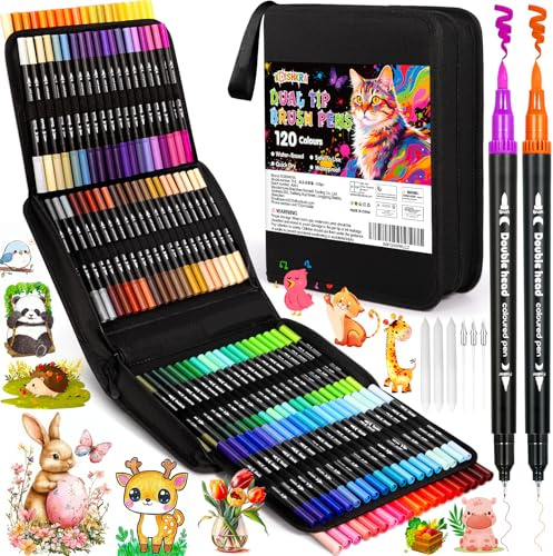 KDISHKRA Brush Pen Lettering, Set Pennarelli 120 Doppia Punta, Pennarelli Acquerellabili Professionali Set, Bambini Adulto Penne Colorate, Kit Pennarelli Ad Acqua per Calligrafia Colorazione Disegno