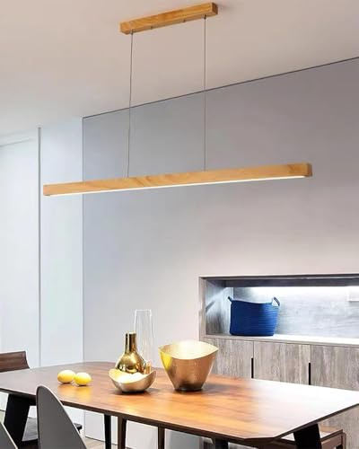 TAOEZXK Esszimmerlampe LED Pendelleuchte Esstisch Holz Dimmbar, Moderne Hängeleuchte mit Fernbedienung, Höhenverstellbar Linear Design Wohnzimmerlampe Hängend für Büro Küche (Holz, 120cm)