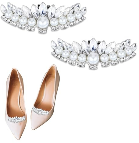 2 Pcs Silver Rhinestone Shoe Clips, Pearl Crystal Decorative Shoe Clips for Women, Detachable Clip On Shoes Embellishments for Valentine's Day Gifts, Wedding Heels Flats Rhinestone Shoes Buckles