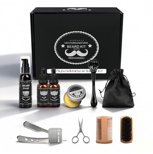 Bart Pflege Herren, Wachstum oder tägliche Set- Inkl. Öl(2x), Balsam, Shampoo, Roller, Bürste, Kamm, Schere, Rasierer (mit Klingen), Reisetasche, Geschenke für Männer