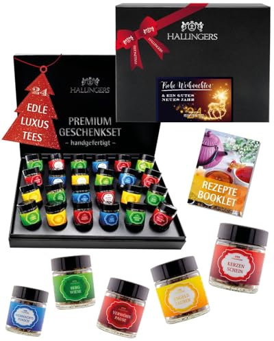 Hallingers Genuss Manufaktur Tee Weihnachts-Geschenk-Set - 24 Sorten premium loser Tee Probierset in edler Geschenkbox mit Rezept-Booklet Frohe Weihnacht..., Weihnachten für Frauen Männer