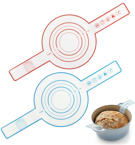 JCF Silicone Bread Sling for Dutch Oven, 2 Pcs Round Baking Mats with Extended Heat-Resistant Handles, Non-Stick and Reusable Baking Accessories for Sourdough Bread Cookies Pizza(Red,Blue)