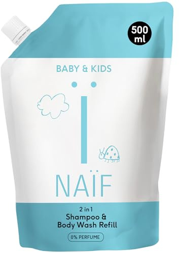 Naïf Champú y Gel de Ducha 2 en 1 para Bebés y Niños 0% Perfume – Formato Recarga 500 ml – sin SLES ni microplásticos, ingredientes naturales, dermatológicamente probado