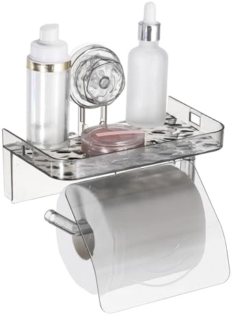 sourcing map Porta carta igienica a ventosa con coperchio, montaggio a parete, per bagno, con mensola, porta carta acrilica, senza trapano, per WC, bagno, cucina, grigio