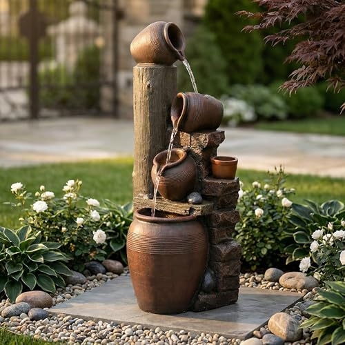 Jaxenor Gartenbrunnen mit LED-Beleuchtung, Ca. 42x38x99cm, Garten Springbrunnen mit Kunststein-Außenverkleidung, Zimmerbrunnen, Wasserspiel für Garten und Terrasse, Braun