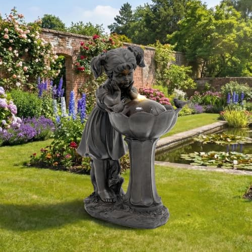 Gartenbrunnen mit Mädchen-Figur, 65,5 cm Springbrunnen Wasserspiel mit warmweißer LED-Beleuchtung, Gartendeko für Terrasse, Balkon & Rasen, Plätschern 55 dB, Kupferfarbe