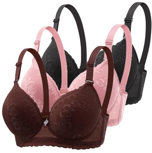 Pack de 3 Sujetadores con Aros Mujer Push Up Bralette Clásicos de Encaje Sujetador con Escote en V Sexy Sostenes Básicos Cómodo sin Costuras Bra Suave para Diario