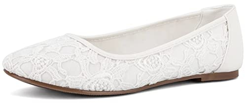 Greatonu Damen Geschlossene Ballerinas Brautschuhe atmungsaktiv Lace Flache Schuhe Weiß mit Futter Größe 41