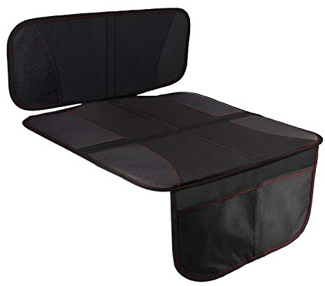 HONZUEN Kindersitzunterlage Auto mit ISOFIX-Aussparung, kurz | Kurze Ausführung (46×46 cm) | ISOFIX-Öffnung | rutschfest | abwischbar | schützt Lederpolster | Netztaschen integriert