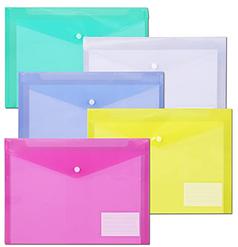 10 Pack Plastic File Folders with Pockets, Colorful Hook & Loop Closure Envelopes, Clear Poly Document Folders Letter/A4 Size, Waterproof Tear-Proof Organizers for Teacher Supplies, Office & School
