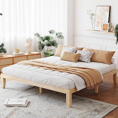 Giantex King Wood Platform Bed Frame, 14 Inch Solid Rubber Wood Mattress Foundation, Heavy Duty Wooden Slats Support, No Box Spring Needed, Easy Assembly, Natural
