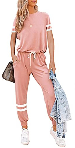 Litthing Completi Donna Sportivi 2 Pezzi Tute da Ginnastica Tops Manica Corta/Pantaloni per Casual Jogging Fitness Yoga Casa Pigiama Set (Rosa, L)