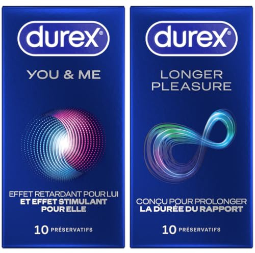 DUREX - Lot de 2 Boîtes de Préservatifs - You & Me x10 - Performance Booster x10 (Le packaging peut varier Longer Pleasure)