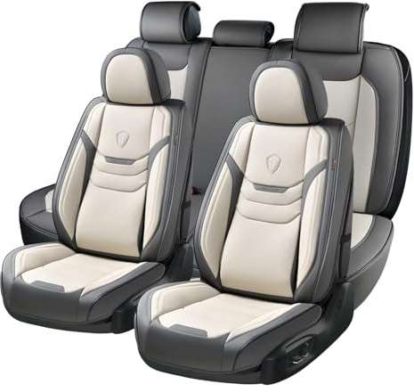 Coverado Funda Asiento Coche Cuero para 5 Plazas, Respirable Protector Asiento con Soporte Lumbar, Impermeable Fundas Coche Asientos Completo Universales para Sedán SUV Camioneta, Gris Blanco