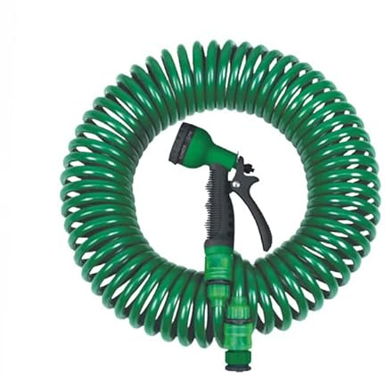 HERSIG - Manguera de Riego Espiral Extensible 10m – Verde Oscuro | Incluye Pistola de Riego Multichorro Ergonómica y Conectores | Ideal para Terrazas, Balcones, Jardines Pequeños y Garajes