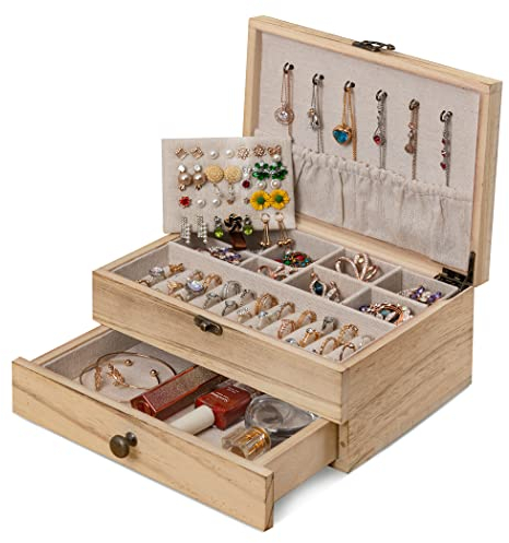 Tektalk Schmuckschatulle, Schmuck Organizer im Landhausstil, Schmuckhalter für Halskette, Ohrringe, Ringe, Armbänder für Damen und Mädchen - braun