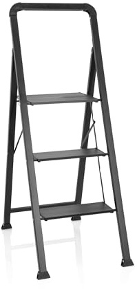 hjh OFFICE Hopfällbar stege 3 steg SOLID W6 Stål/Aluminium Stegstege hushållsstege lätt halkfri trappstege bärbar, kapacitet upp till 150 kg, Svart