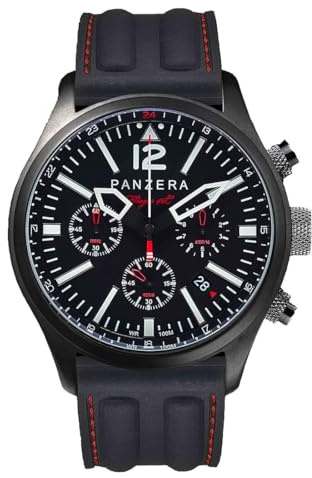 Panzera Flieger 46 Chronograph Quarz Stahl IP Schwarz Silikon Pilot Rot Datum Herren Uhr,