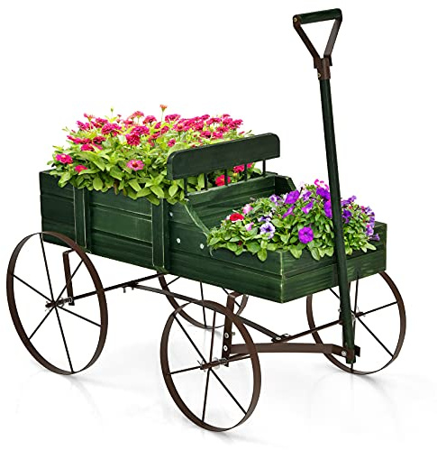 COSTWAY Fioriera da Esterno a Forma di Carrello, Carriola da Giardino in Legno, Decorazione per Giardino e Cortile dal Design Vintage (Verde)