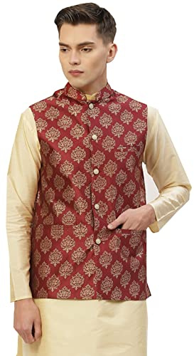Maple Clothing Men's Brocade Silk Nehru Jacket Traditional India Waistcoat (Maroon, S)