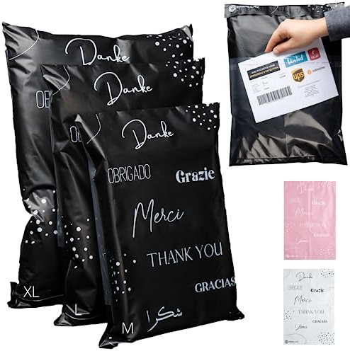 EMBALLAX - 60 Versandtaschen MIT TASCHE FÜR VERSANDETIKETT - 3 Größen M/L/XL - WIDERSTANDSFÄHIG/WASSERDICHT - Versandtüten für Kleidung - Warensendung Umschlag für Kartons - Versandbeutel - Danke