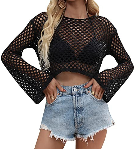 Odizli Maglione da donna a maniche lunghe, sexy, Hollow Out, Crochet Crop Top Maglione Streetwear, Nero , M