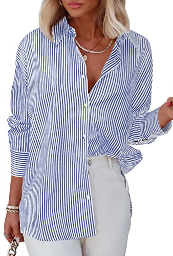 Homlan Blusa de Manga Larga para Mujer, a Rayas, Informal, Cuello en V, Camisa de Trabajo, Holgada, con Botones, Azul, L