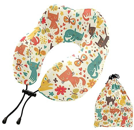 linqin Reisekissen, Memory-Schaum, Reise-Nackenkissen, Cartoon, niedliche Katzen, U-Form, Nackenstütze, weiches Flugkissen mit Aufbewahrungstasche, für Schlafruhe, Auto, Zuhause, Arbeit