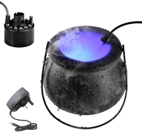 awakentti Halloween Cauldron Mister, Black Witch Cauldron Fog Maker Water Fountain with Handle, 12 LED Light Color Change Pond Fogger for Water Fountain Pond, Rockery (British Standard)